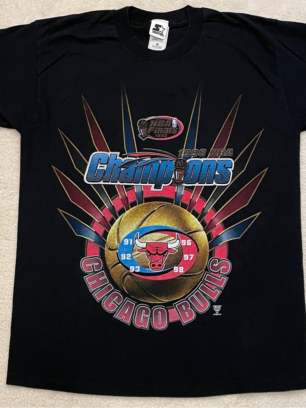 VTG 1998 Chicago Bulls NBA Champions Starter T-Shirt Black Men's Size L 3-Peat